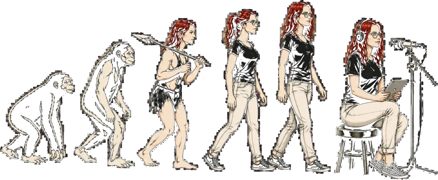 Gezeichnete Evolution: vom Affen bis zu Lisa Simon mit Kopfhörern am Mikrofon